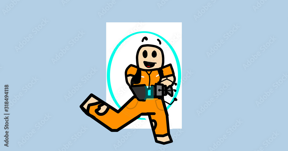 A man runs with a blaster in his hands through a round portal in the void A man runs with a blaster in his hands through a round portal in the void