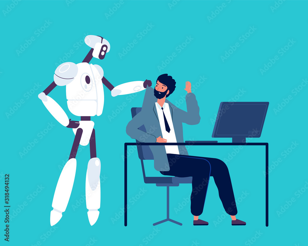 Android and human. Robot kick away business person from office workspace artificial intelligence future job vector concept. Innovation humanoid and businessman, replace man illustration