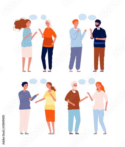 People conversation. Dialogue persons of different ages genders and nationality characters talking with speech bubbles vector. Illustration people discussion, talk and communication speech