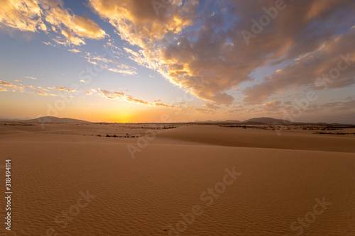 Sand dunes in the National Park of Dunas de Corralejo during a beautiful sunset  Canary Islands - Fuerteventura