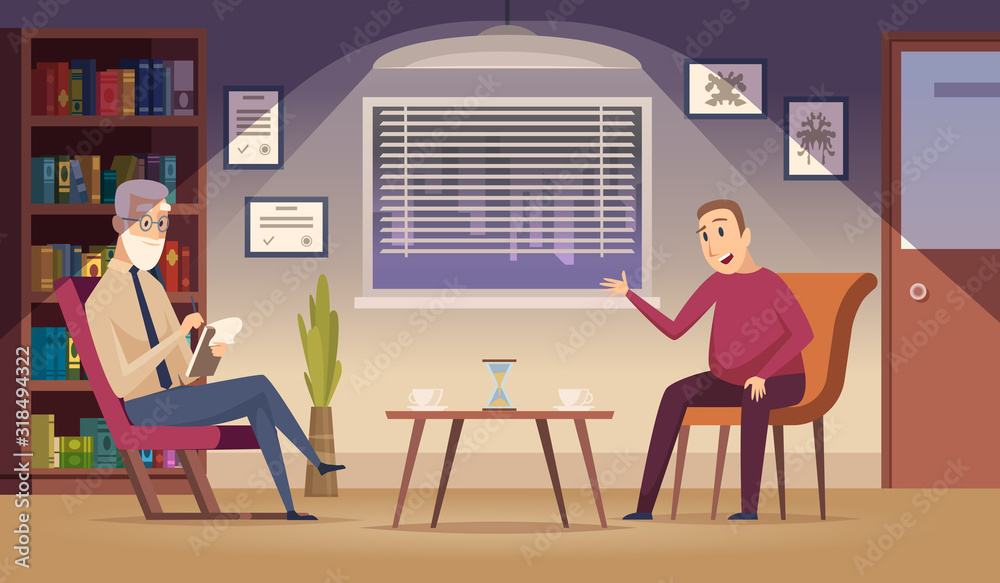 Psychotherapy. Patient on sofa professional psychotherapy dialogue session in clinic interior vector cartoon background. Therapy psychology, man patient psychotherapy illustration