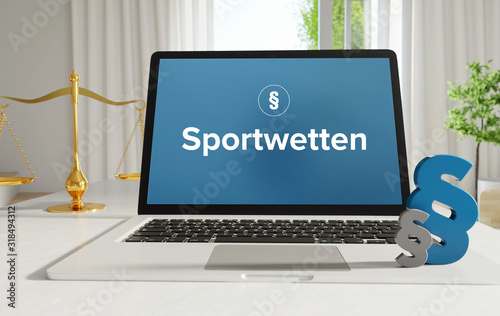 Sportwetten – Recht, Gesetz, Internet. Laptop im Büro mit Begriff auf dem Monitor. Paragraf und Waage. .