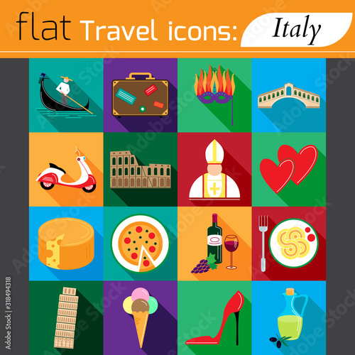 Travel - web flat  icon set. Attractions, food and culture of Italy.