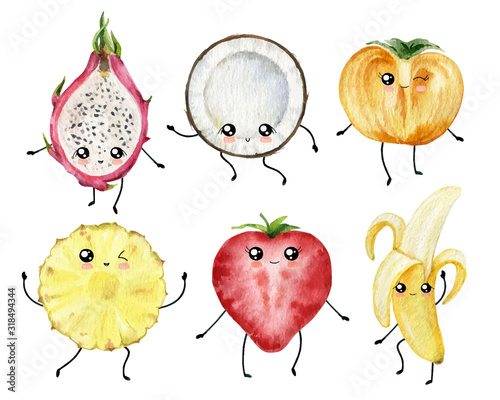 Watercolor vector cartoon fruit slices in the style of kawaii.