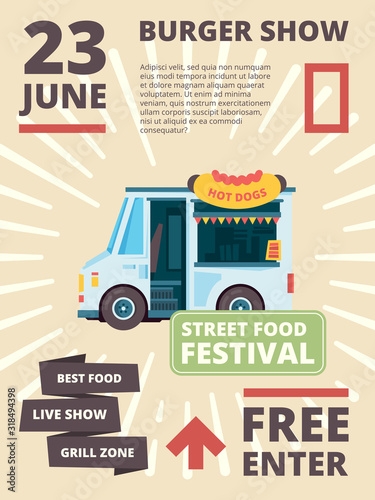 Food truck poster. Delivering products festival invite cars with cousine burgher party banner vector placard template. Truck food festival poster or brochure illustration