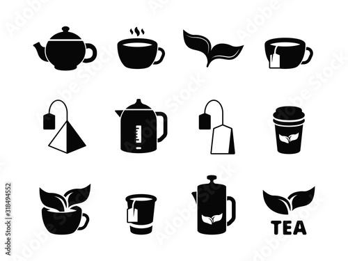 Black tea icons. Brewing herbal hot drinks iced and leaves vector pictogram set. Hot beverage in cup, breakfast tea green and black illustration