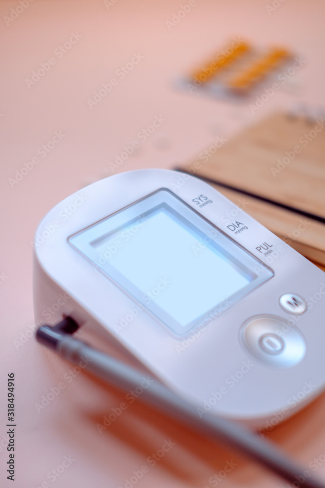 Medical accessories, tonometer and pills. Blood pressure control Medical accessories, tonometer and pills. Blood pressure control