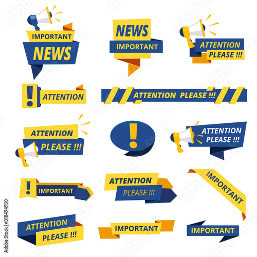 Important badges. Attention notice announcement stickers vector collection stylized promotional graphics. Important caution exclamation, badge message importance illustration photo