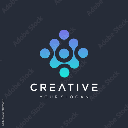 Abstract letter U logo with dot concept. Universal colorful biotechnology molecule atom DNA chip symbol. This logo is suitable for research, science, medical, logotype, technology, lab, molecule.