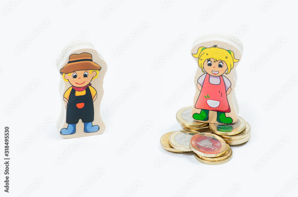 a toy figure of a woman on a large stack of one Euro coins and a toy figure of a man without coins on a white background