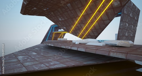 Abstract architectural concrete and rusted metal of a modern villa with colored neon lighting. 3D illustration and rendering.