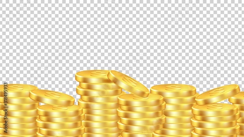 Golden coins background. Isolated realictic money. Vector coin pile transparent banner. Illustration golden currency, cash treasure pile