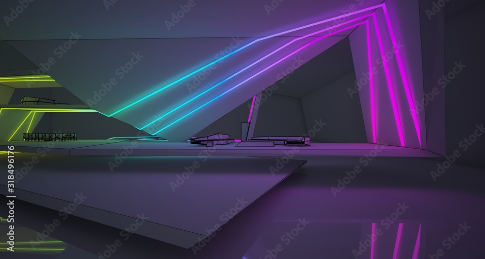 Abstract drawing architectural white interior of a minimalist house with colored neon lighting. 3D illustration and rendering. Abstract drawing architectural white interior of a minimalist house with colored neon lighting. 3D illustration and rendering.