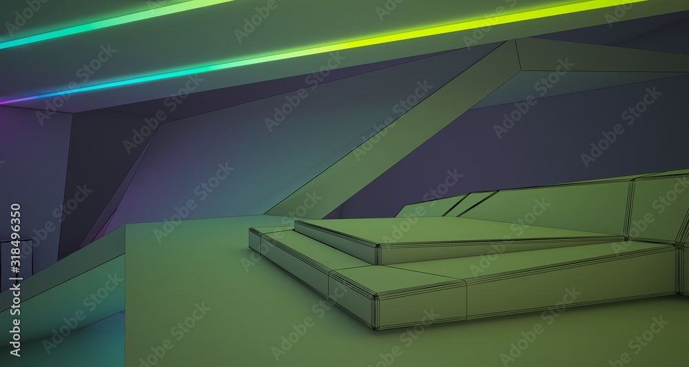 Abstract drawing architectural white interior of a minimalist house with colored neon lighting. 3D illustration and rendering. Abstract drawing architectural white interior of a minimalist house with colored neon lighting. 3D illustration and rendering.