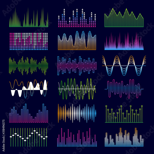 Sound waves. Music symbols equalizer shapes signal voicepulse vector templates. Sound audio voice, soundwave equalizer music illustration