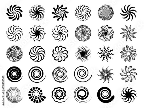 Radial swirles. Hypnotic black shapes round symbols vector collection set. Hypnotic effect and twist black round illustration