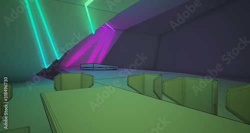 Abstract drawing architectural white interior of a minimalist house with colored neon lighting. 3D illustration and rendering.