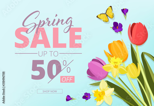 Spring sale. Advertizing background banner with abstract geometrical shapes and flowers vector store coupon. Spring poster discount, promotion advertising illustration © ONYXprj