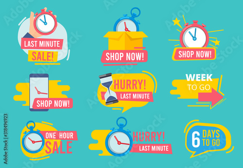 Hot offer badges. Countdown promotional deals 24 hour sales vector advertising stamp templates. Badge special shopping countdown, discount label sticker illustration