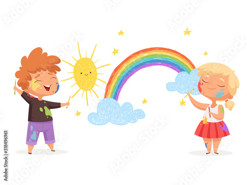 Kids draw rainbow. Happy little artists painting sun clouds vector funny childrens. Artist adorable with paintbrush, creativity rainbow and sun illustration
