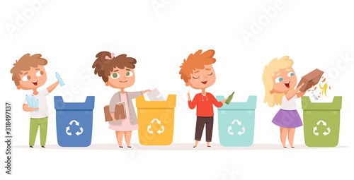 Kids recycling garbage. Saving nature ecology safe environment protection healthy recycling processes vector cartoon characters. Garbage recycle bin, waste recycling illustration