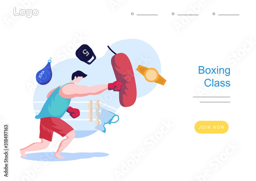 Attractive man punching a heavy bag. sport vector cartoon illustration concept for landing page, ui, mobile apps, banner, website, social media , poster