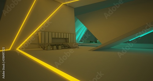 Abstract drawing architectural white interior of a minimalist house with colored neon lighting. 3D illustration and rendering.