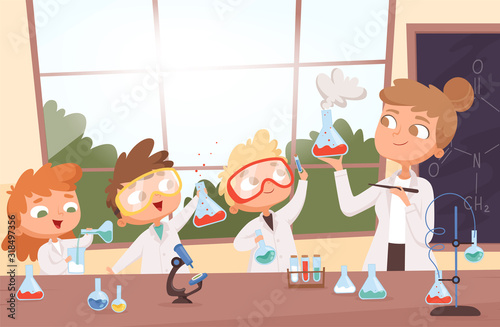 Chemistry lesson. Little science kids boys and girls making researching tests in school lab vector background illustration cartoon. School chemistry education, boy and girl in laboratory