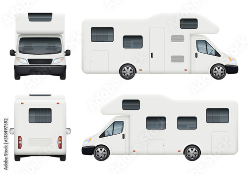 Rv camper. Realistic family camping trailer for travelling and have a rest car back top and front sides view vector set. Camper car, camp vehicle trailer illustration