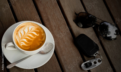latte art coffee photography top view with classic coffee cup set