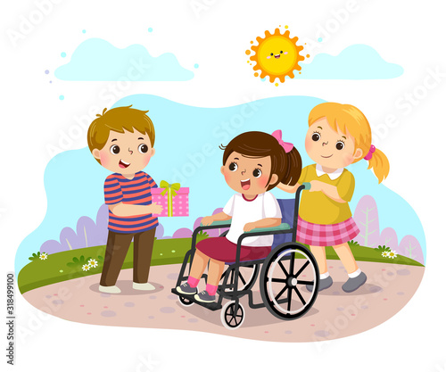 Vector illustration of a boy giving a present to a little disabled girl in a wheelchair.