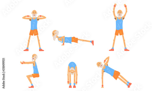 Cheerful Senior Man Doing Morning Exercises Collection, Active Healthy Workout of Aged People Vector Illustration