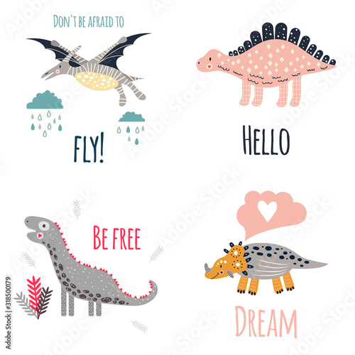 Set cute dinosaurs Stegosaurus, Diplodocus, Pterodactyl, Triceratops. Print for kids. For children's t-shirts, posters, banners, greeting cards.