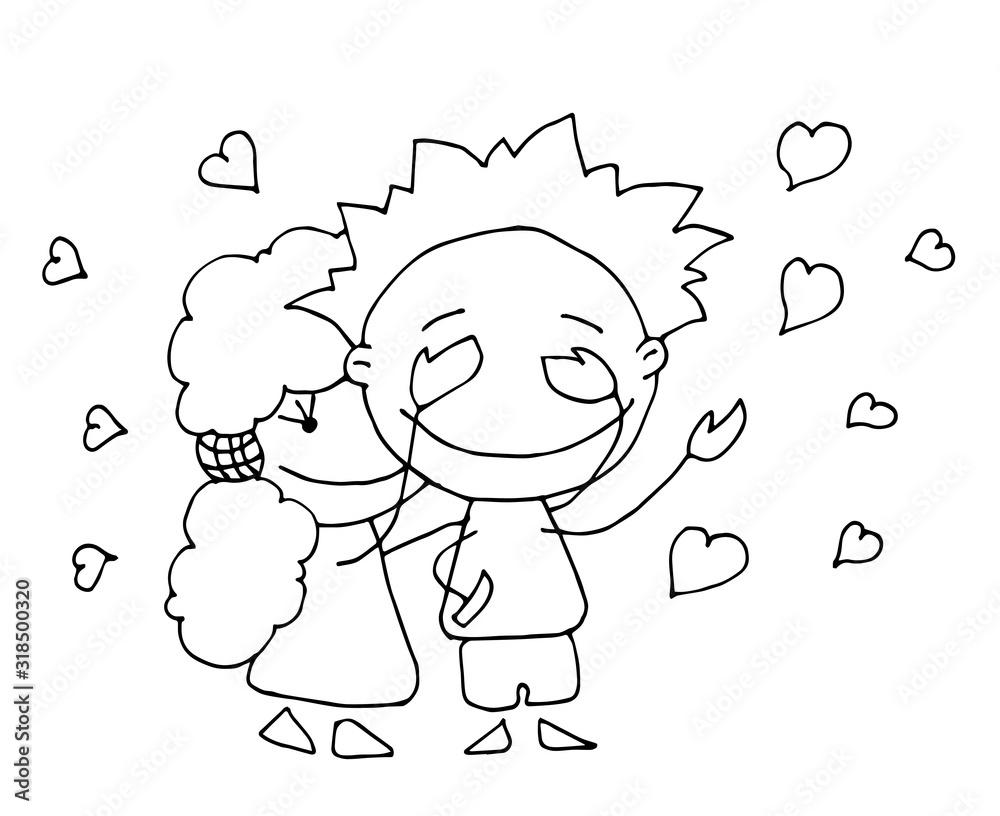 Fototapeta premium Coloring book for kids - smiling girl closed his eyes with her palms. Guess who? Be my Valentine. Valentines day. 14 February. Black and white cute cartoon hand drawing kids. Vector illustration.
