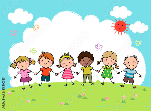 Hand drawn cartoon kids holding hands together outdoor