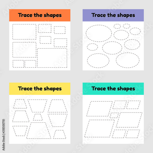 Educational tracing worksheet for kids kindergarten, preschool and school age. Trace the geometric shape. Dashed lines.
