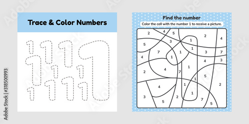 Coloring book number for kids. Worksheet for preschool, kindergarten and school age. Trace line. Write and color a one.