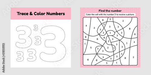 Coloring book number for kids. Worksheet for preschool, kindergarten and school age. Trace line. Write and color a three.
