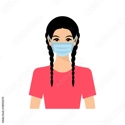Asian girl wearing virus protective mask. Coronavirus prevention poster.