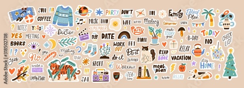 Set of weekly or daily planner and diaries vector flat illustration. Cute sticker template decorated with cartoon image and trendy lettering. Signs, symbols, objects for scheduler or organizer