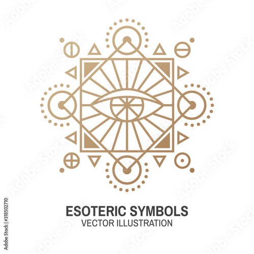 Esoteric symbols. Vector. Thin line geometric badge. Outline icon for alchemy or sacred geometry. Mystic and magic design with all-seeing eye.
