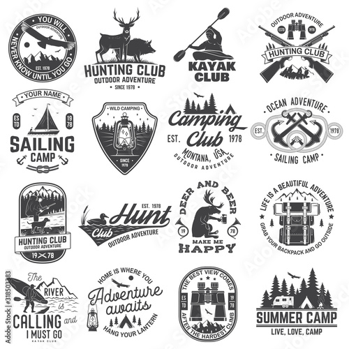Summer camp, hunting club, sailing camp, yacht club, canoe and kayak club badges. Vector. Concept for shirt or logo, print, patch. Design with camper, kayaker, hunter, sailing camp silhouette
