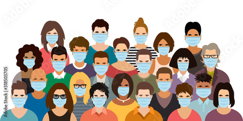 Group of people wearing medical masks. Virus protection vector poster.