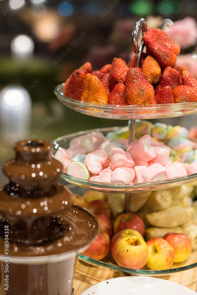 Chocolate fondue with strawberry and  marshmallow ,Sweets and dessert decoration