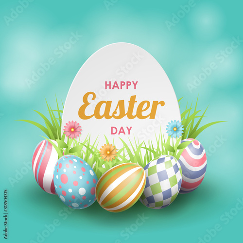 Happy Easter background with realistic painted eggs, grass, flowers and egg shape. Vector illustration