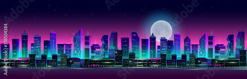 Night city panorama with moon and neon glow. Vector illustration.