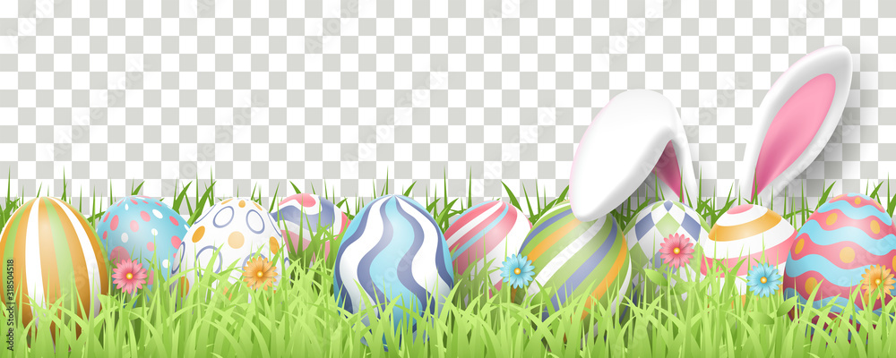 Fototapeta Happy Easter background with realistic painted eggs, grass, flowers, and rabbit ears. Vector illustration isolated on transparent background