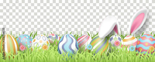Happy Easter background with realistic painted eggs, grass, flowers, and rabbit ears. Vector illustration isolated on transparent background