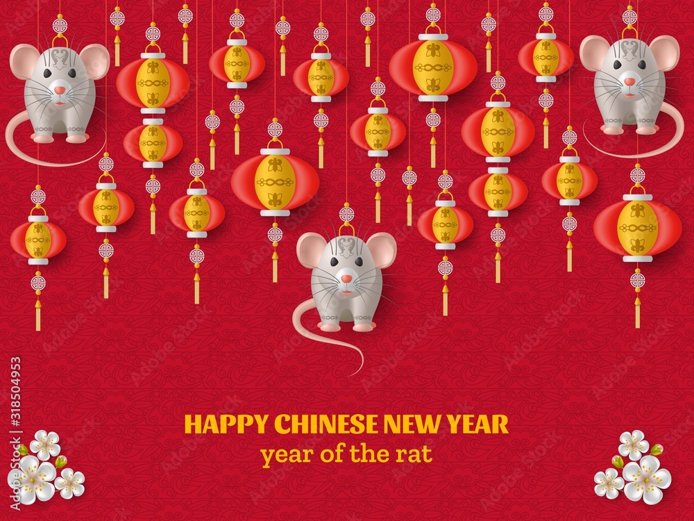 Happy Chinese New Year background with creative silver rat, sakura branches with flowers and hanging lanterns. Red colored template