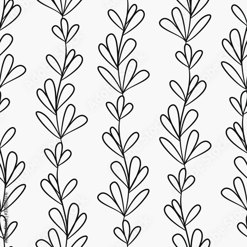 Vector seamless pattern with black vertical branches and leaves on white background  abstract floral design for fabric  wallpaper  textile  web design.